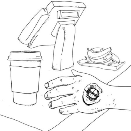 a hand reaching for a coffee. the hand has a grotesque mouth with puckered lips on it.